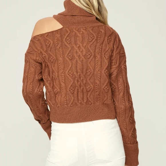 Paige x Anthropologie Raundi Cable Knit M Brown Red Cropped OffShoulder Pullover - Picture 8 of 13
